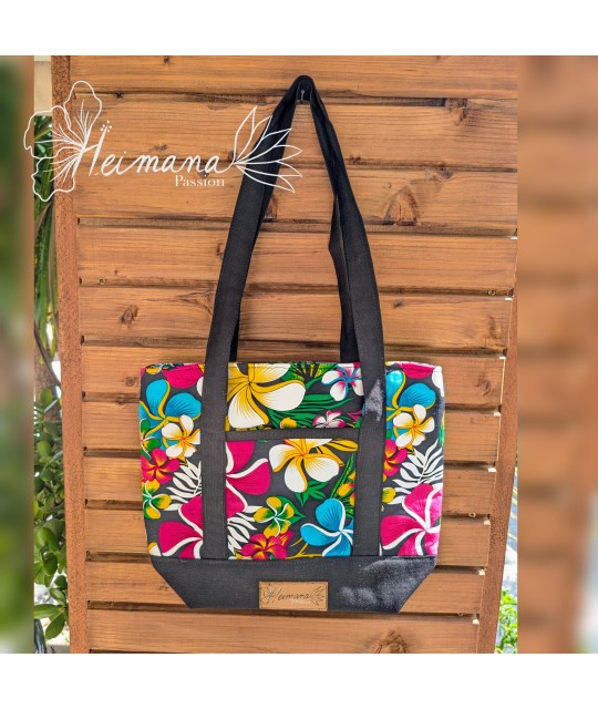 Sac cabas fleurs multicolores et noir