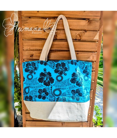 Grand Sac cabas bleu, noir et beige