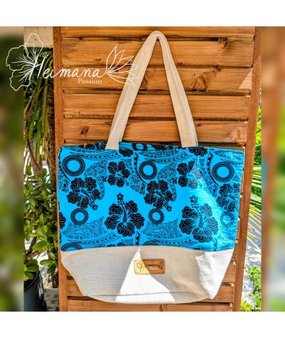 Grand Sac cabas bleu, noir et beige