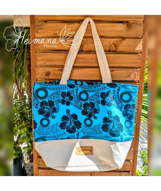 Grand Sac cabas bleu, noir et beige