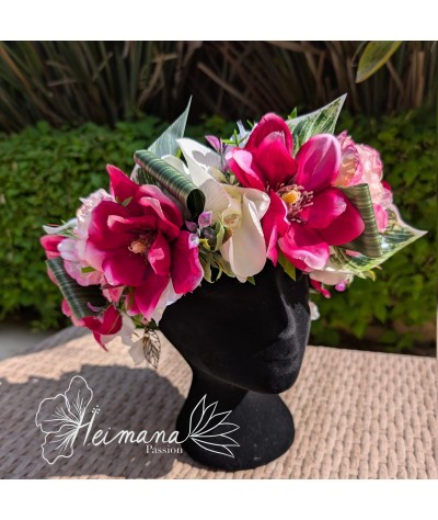 Couronne fleur parme et feuillage ruban