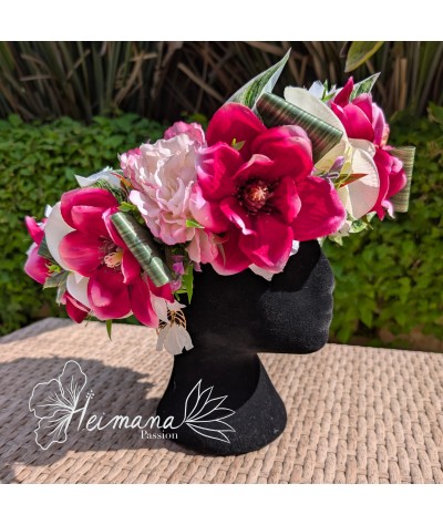 Couronne fleur parme et feuillage ruban