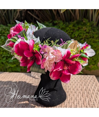 Couronne fleur parme et feuillage ruban