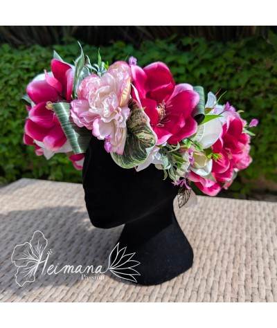 Couronne fleur parme et feuillage ruban