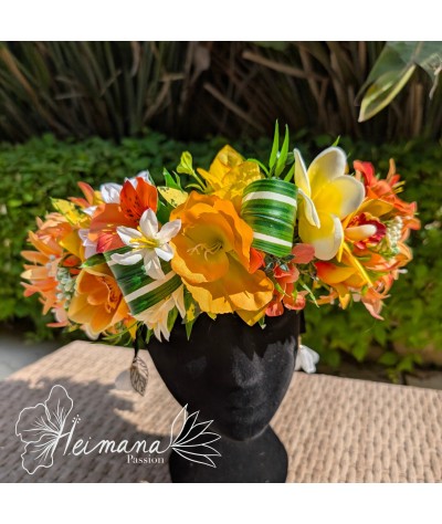 Couronne fleurie feuillue orange et jaune