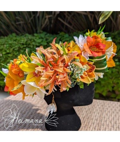 Couronne fleurie feuillue orange et jaune