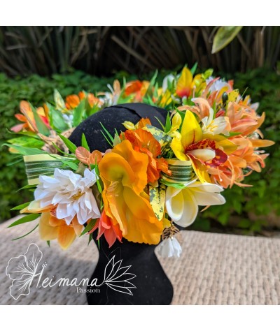 Couronne fleurie feuillue orange et jaune