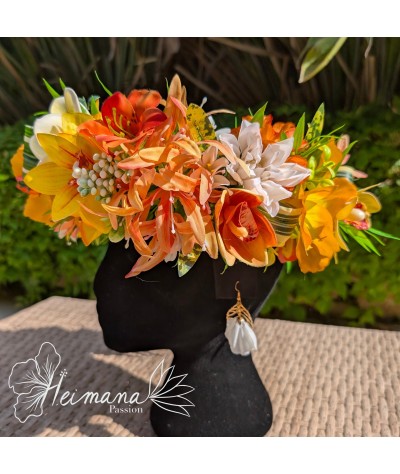 Couronne fleurie feuillue orange et jaune