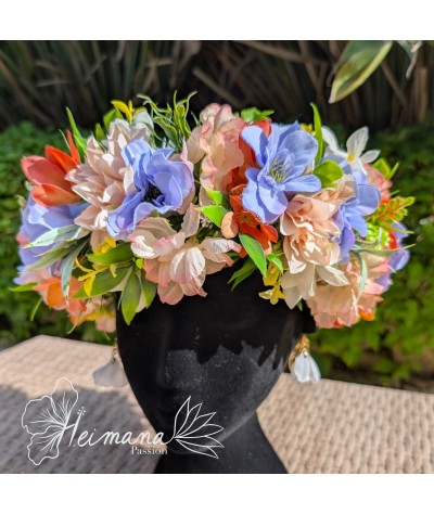 Couronne fleurs bleu/parme et rose/saumon