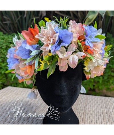 Couronne fleurs bleu/parme et rose/saumon