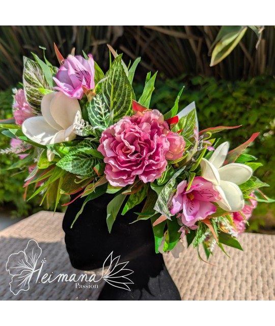 Couronne feuillue fleurie rose et blanche