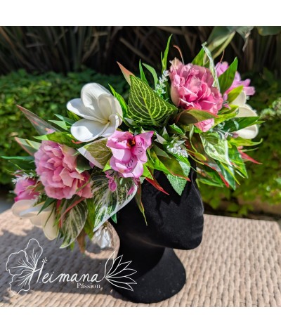 Couronne feuillue fleurie rose et blanche
