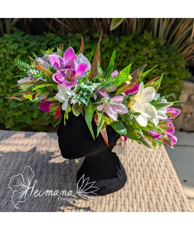 Couronne feuillue fleurie rose et blanche