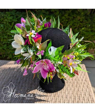 Couronne feuillue fleurie rose et blanche